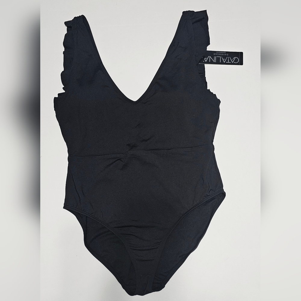 Catalina One Piece Black Swimsuit Plunge V-Neck Ruffled Straps Summer Beach Sz M